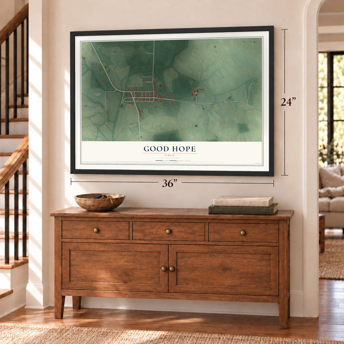 Good Hope, Ohio map, 24 x 36 inch print in a black frame above a dresser by a staircase