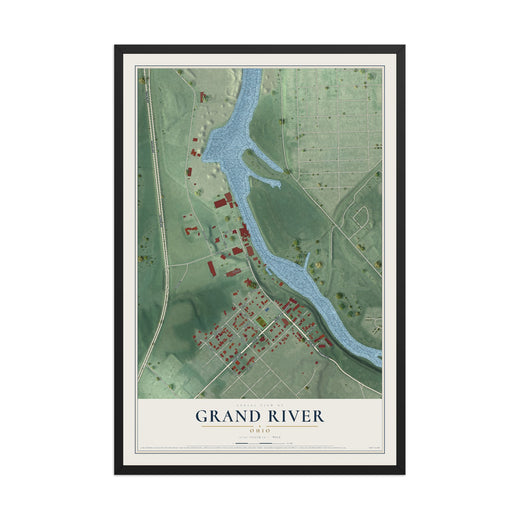 Map of Grand River, Ohio, 12 x 18 inch print in a black wood frame