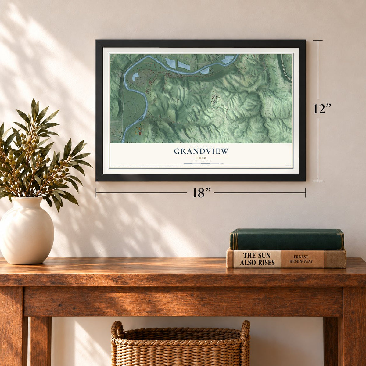 Grandview, Ohio map, 12 x 18 inch print in a black frame in an entryway