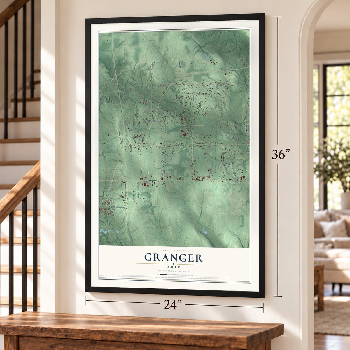 Granger, Ohio map, 24 x 36 inch print in a black frame by a staircase