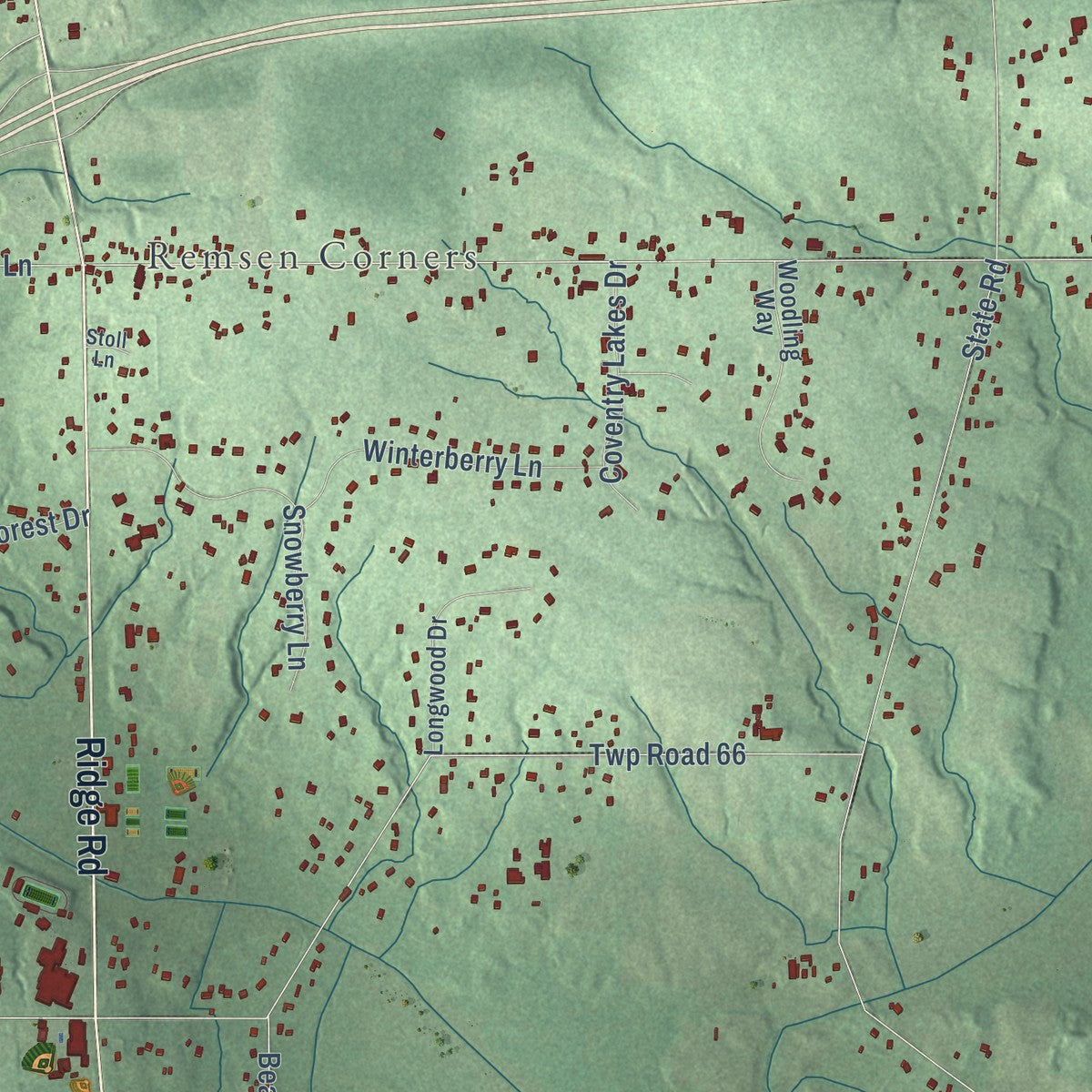 Close-up of the map of Granger, Ohio print showing street and building detail