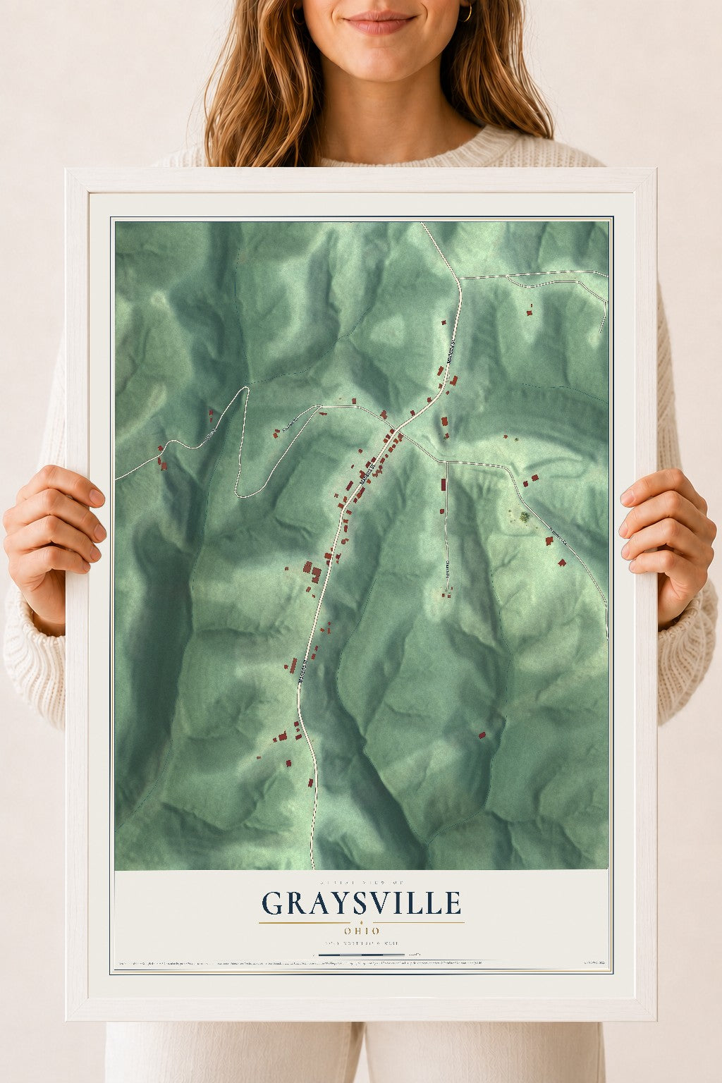 Map of Graysville, Ohio, 18 x 24 inch print in a white wood frame