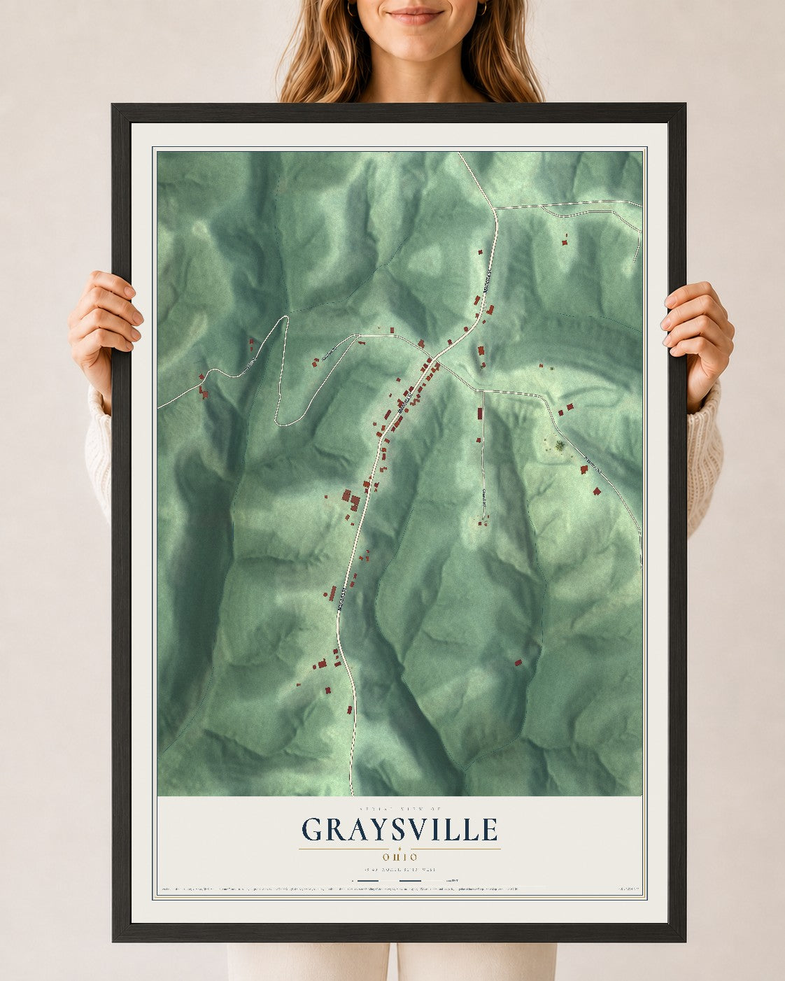 Map of Graysville, Ohio, 24 x 36 inch print in a black wood frame