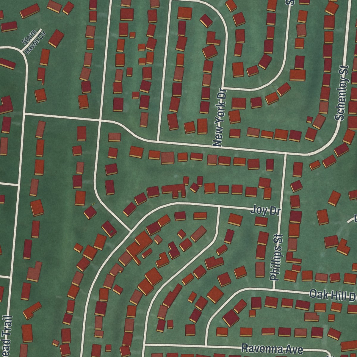 Close-up of the map of Green Meadows, Ohio print showing street and building detail