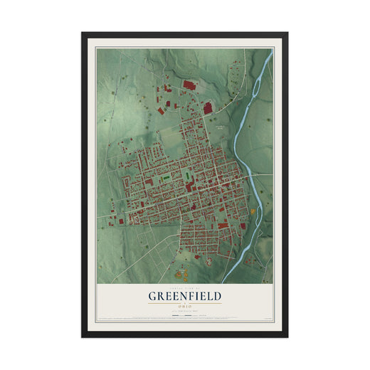 Map of Greenfield, Ohio, 12 x 18 inch print in a black wood frame