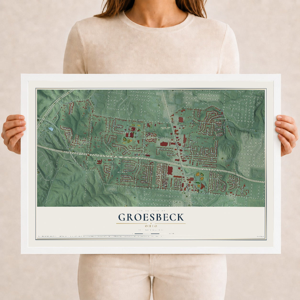 Map of Groesbeck, Ohio, 12 x 18 inch print in a white wood frame