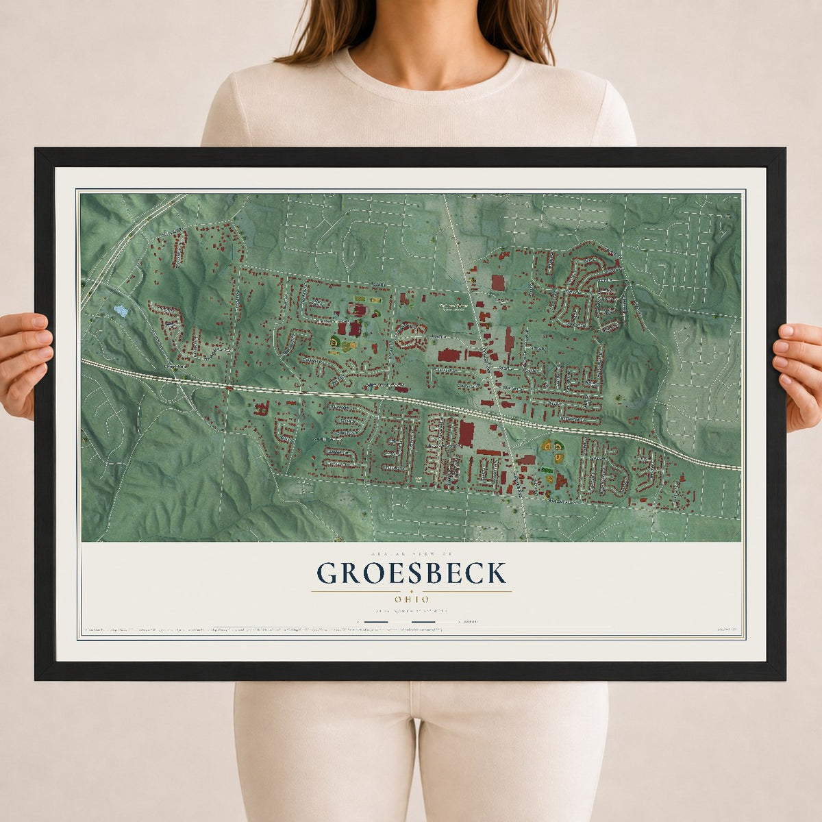 Map of Groesbeck, Ohio, 18 x 24 inch print in a black wood frame