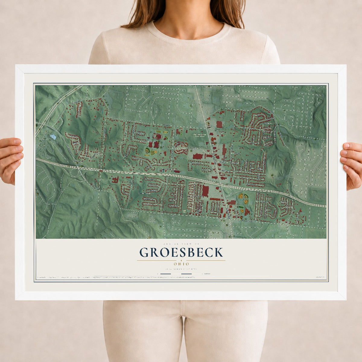 Map of Groesbeck, Ohio, 18 x 24 inch print in a white wood frame