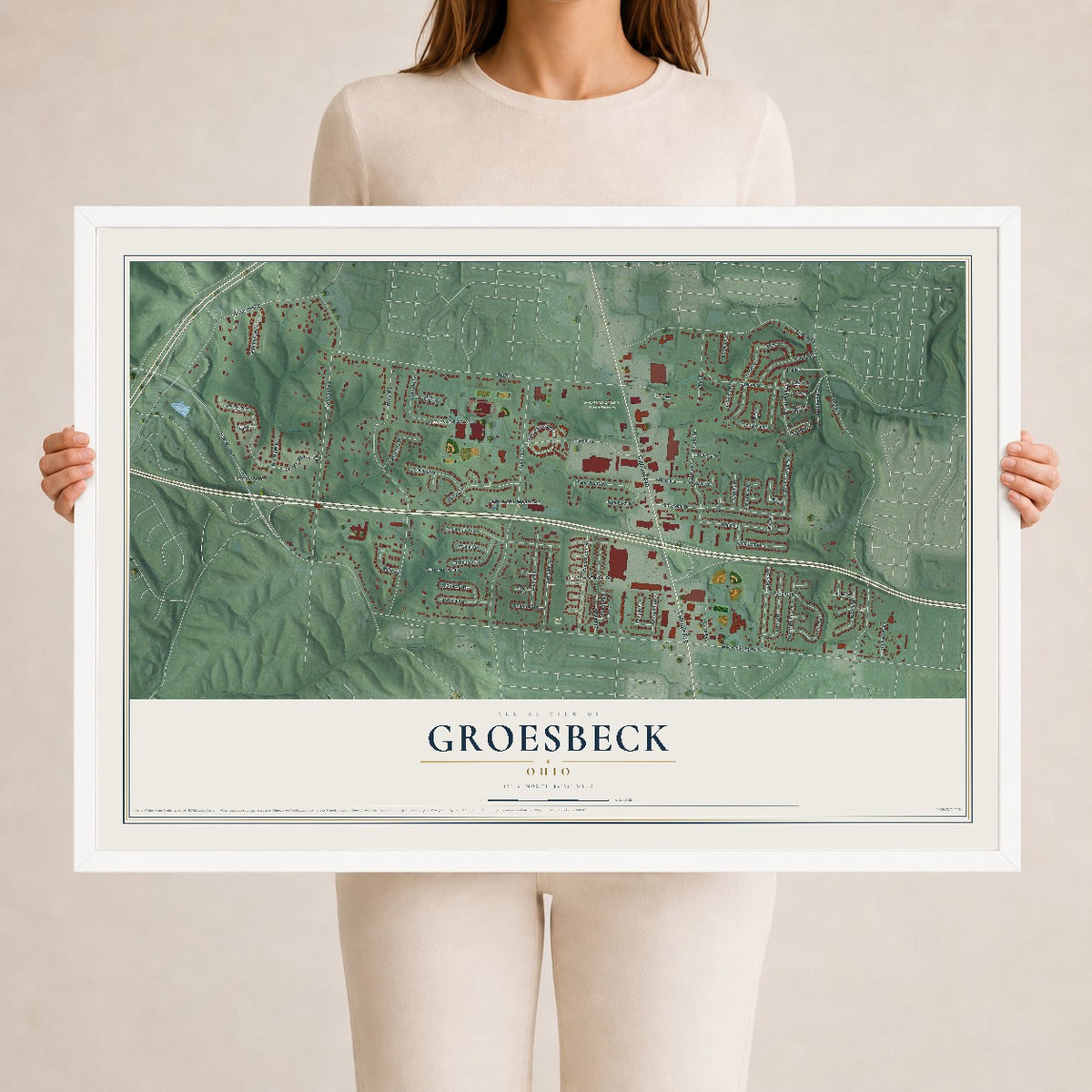 Map of Groesbeck, Ohio, 24 x 36 inch print in a white wood frame