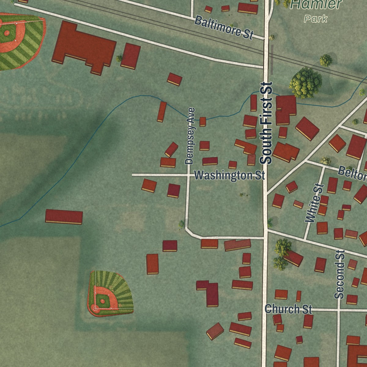 Second close-up of the map of Hamler, Ohio print showing more streets and buildings