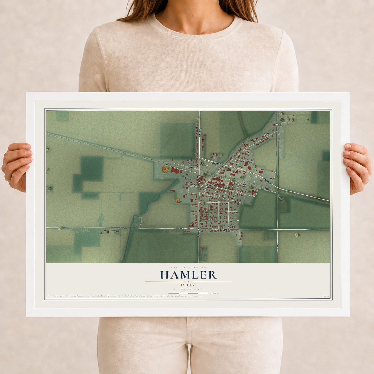 Map of Hamler, Ohio, 12 x 18 inch print in a white wood frame
