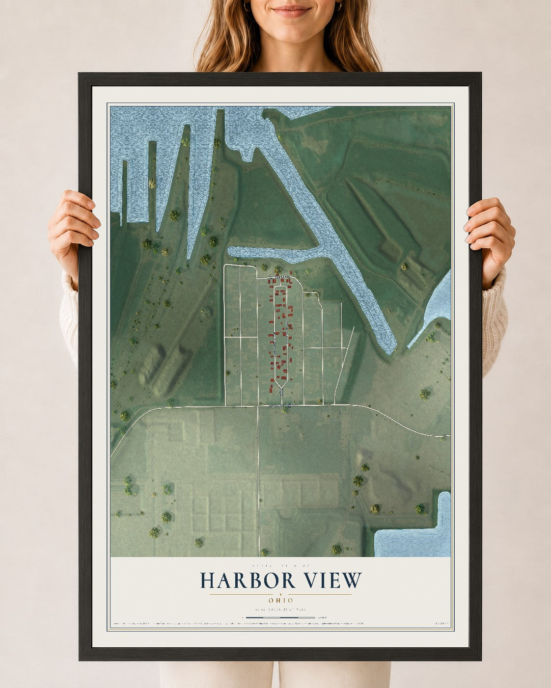 Map of Harbor View, Ohio, 24 x 36 inch print in a black wood frame