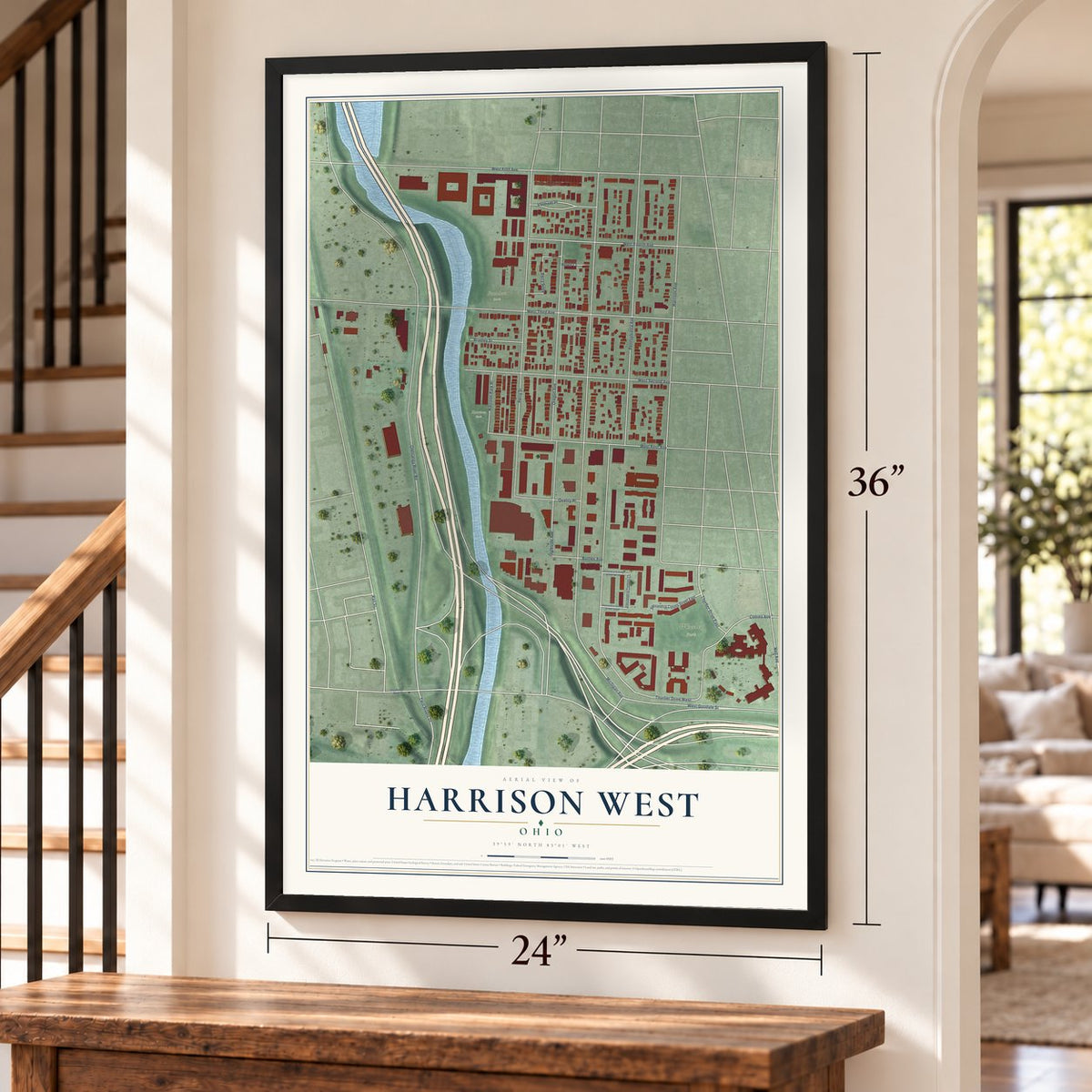 Harrison West, Ohio map, 24 x 36 inch print in a black frame by a staircase