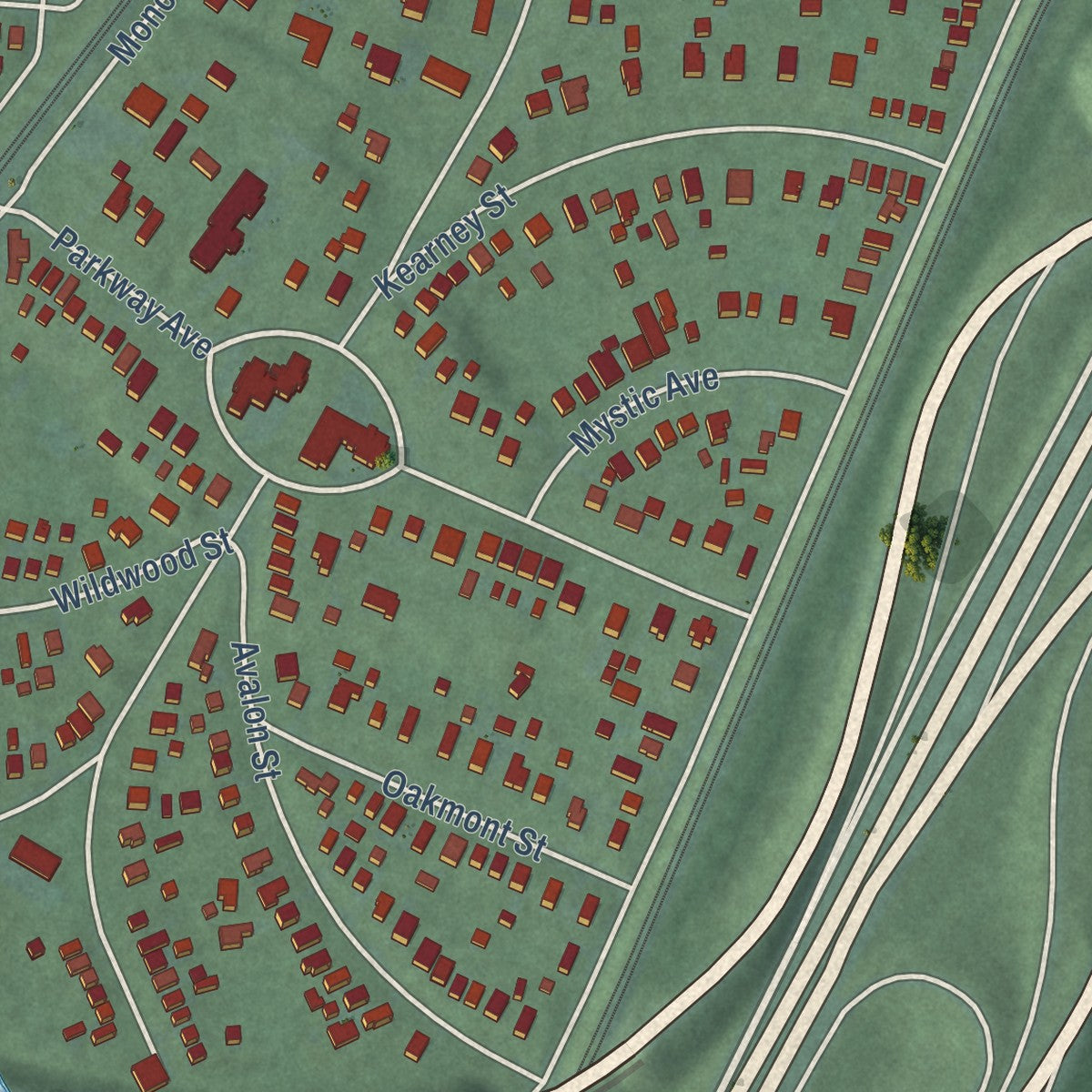 Close-up of the map of Hartwell, Ohio print showing street and building detail