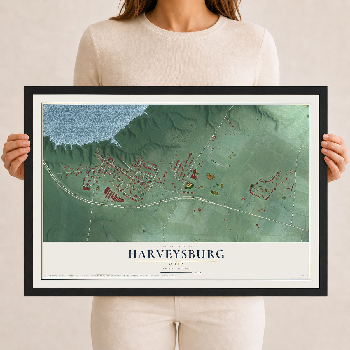 Map of Harveysburg, Ohio, 12 x 18 inch print in a black wood frame