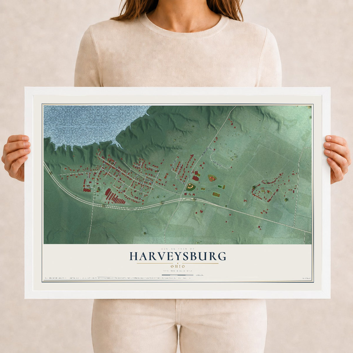 Map of Harveysburg, Ohio, 12 x 18 inch print in a white wood frame