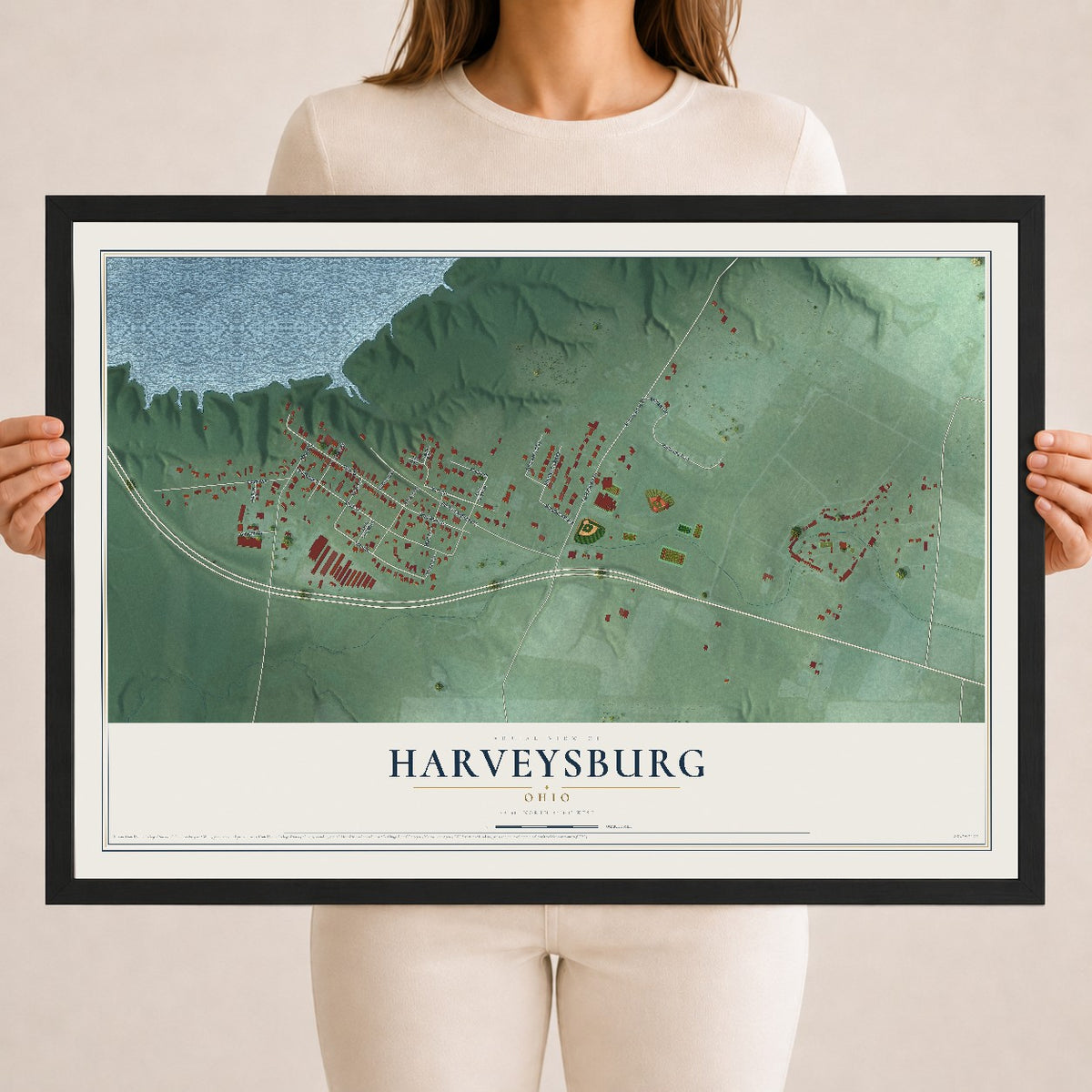 Map of Harveysburg, Ohio, 18 x 24 inch print in a black wood frame