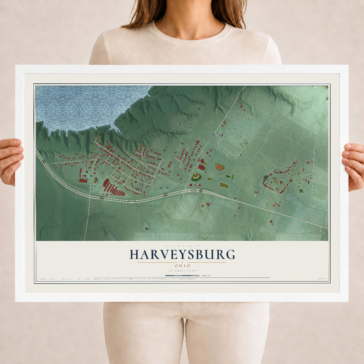 Map of Harveysburg, Ohio, 18 x 24 inch print in a white wood frame