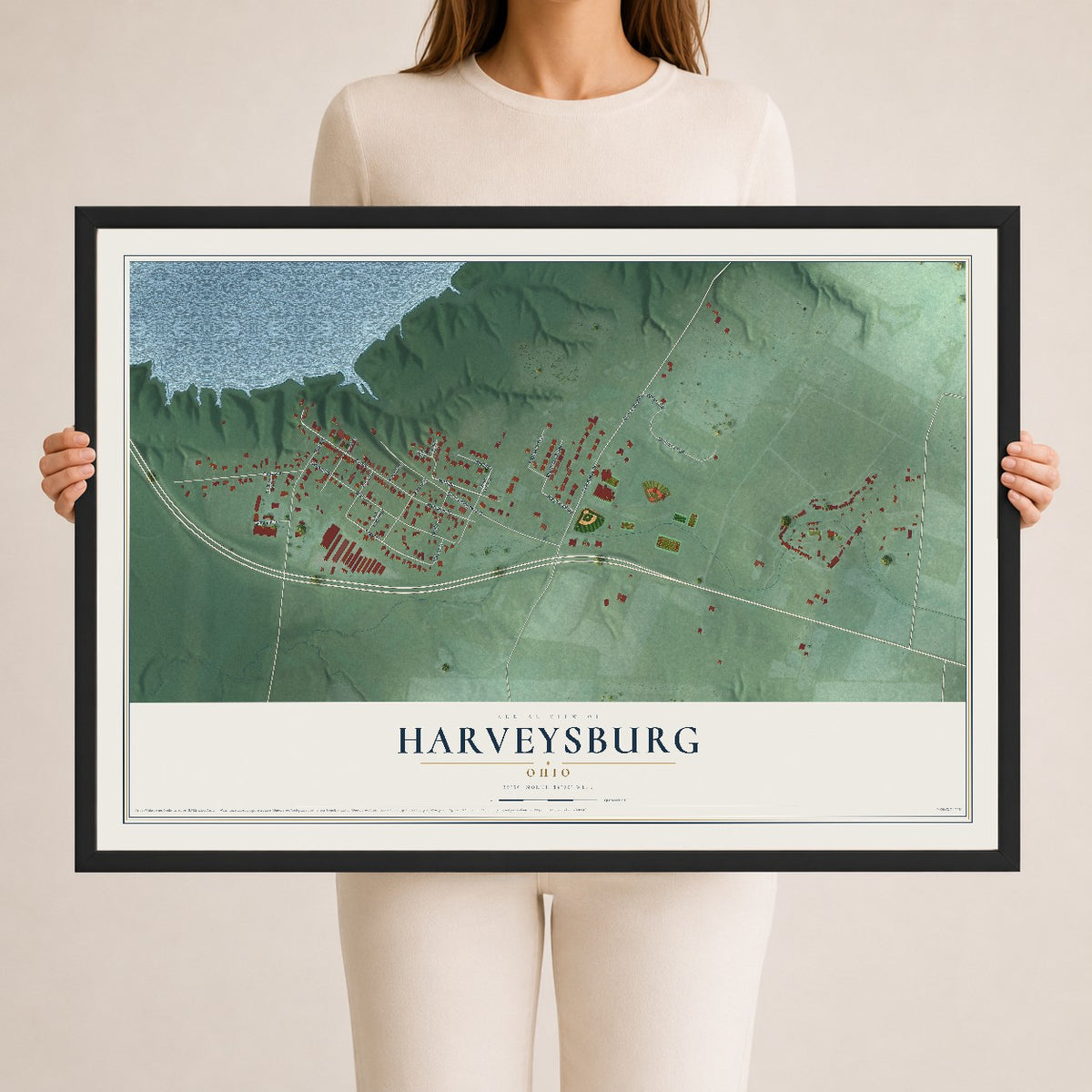 Map of Harveysburg, Ohio, 24 x 36 inch print in a black wood frame