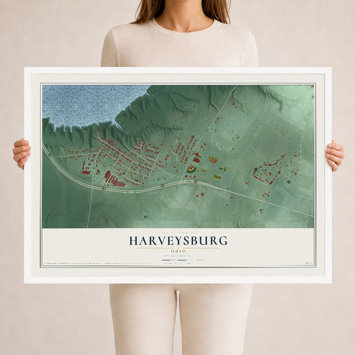 Map of Harveysburg, Ohio, 24 x 36 inch print in a white wood frame