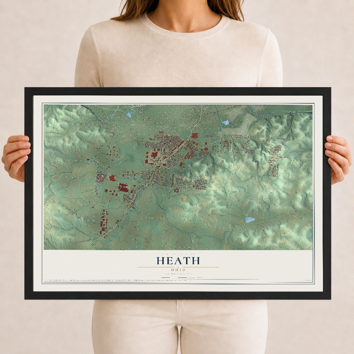 Map of Heath, Ohio, 12 x 18 inch print in a black wood frame