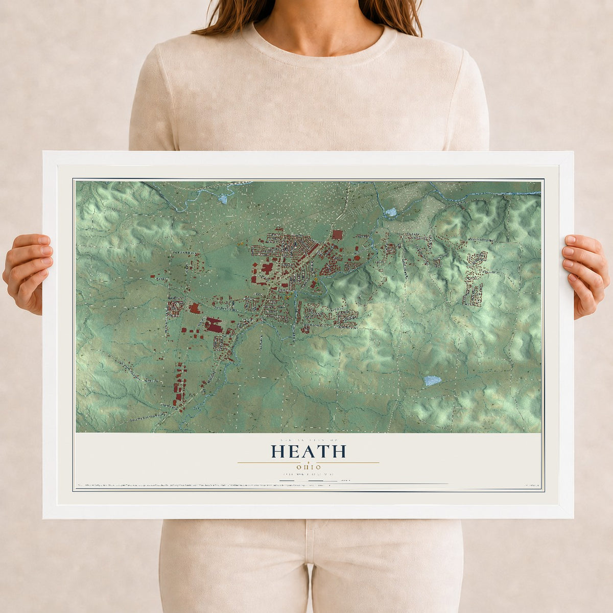 Map of Heath, Ohio, 12 x 18 inch print in a white wood frame