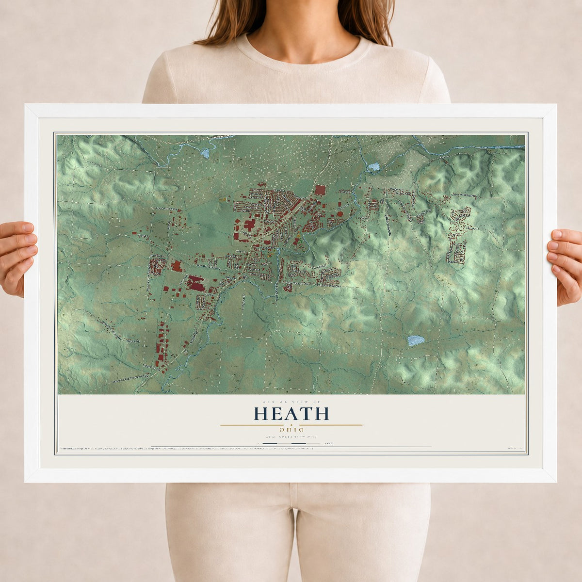 Map of Heath, Ohio, 18 x 24 inch print in a white wood frame