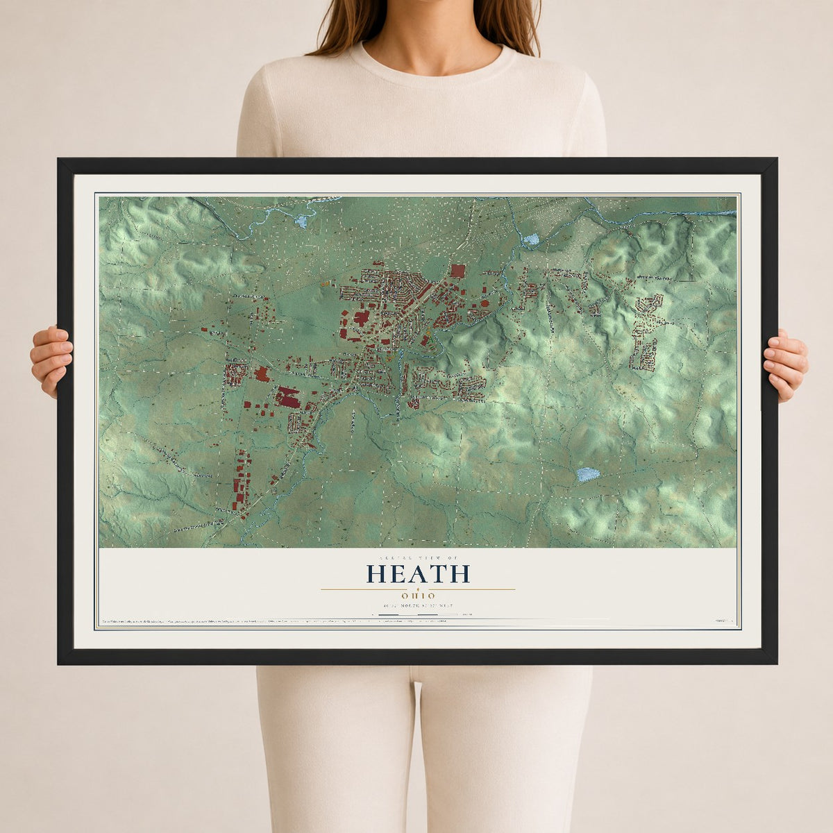 Map of Heath, Ohio, 24 x 36 inch print in a black wood frame