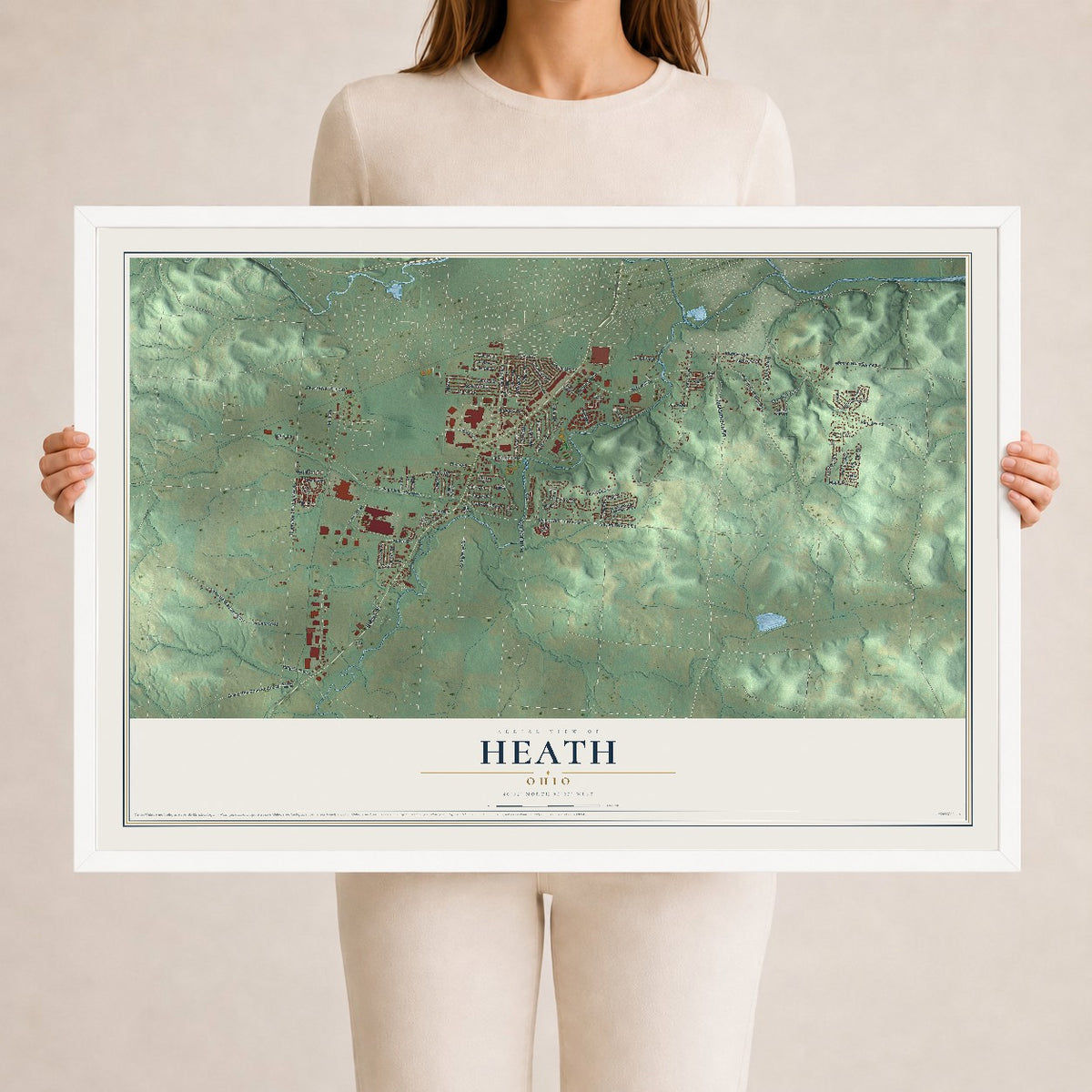 Map of Heath, Ohio, 24 x 36 inch print in a white wood frame
