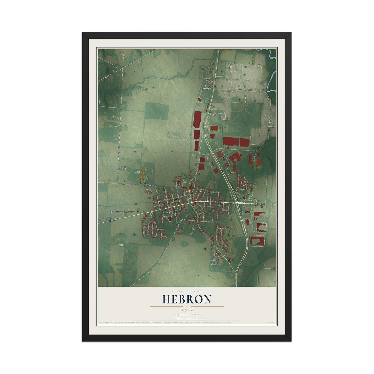 Map of Hebron, Ohio, 12 x 18 inch print in a black wood frame