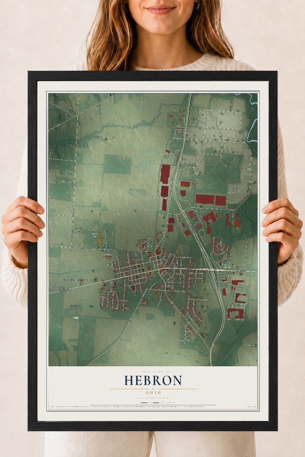 Map of Hebron, Ohio, 18 x 24 inch print in a black wood frame