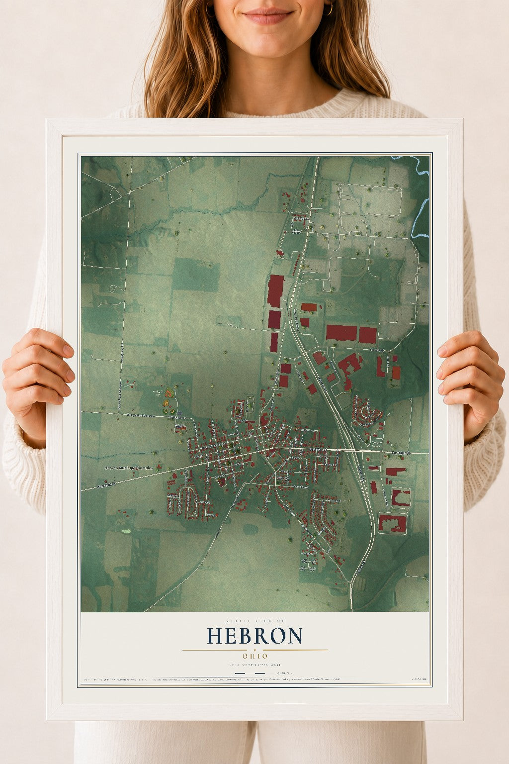 Map of Hebron, Ohio, 18 x 24 inch print in a white wood frame