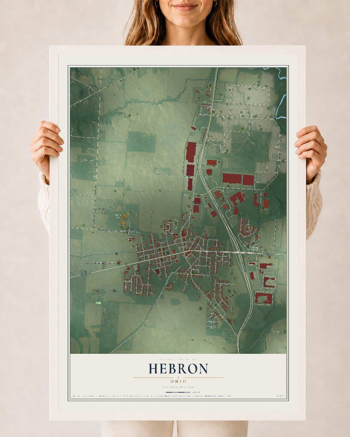 Map of Hebron, Ohio, 24 x 36 inch print in a white wood frame