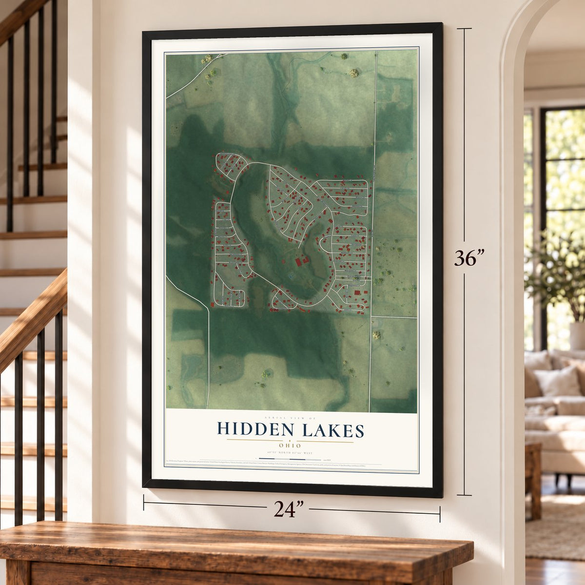 Hidden Lakes, Ohio map, 24 x 36 inch print in a black frame by a staircase