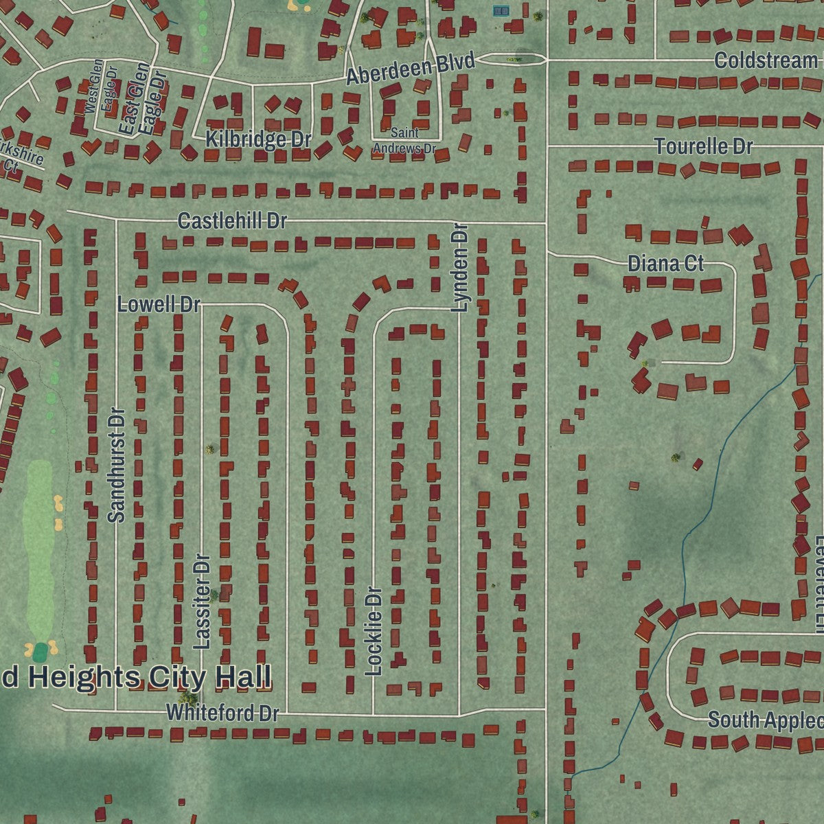 Close-up of the map of Highland Heights, Ohio print showing street and building detail