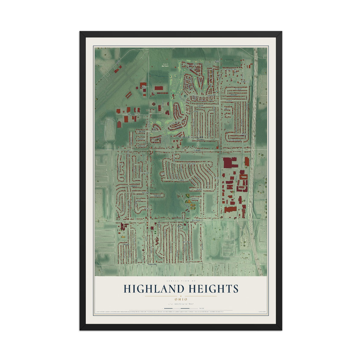 Map of Highland Heights, Ohio, 12 x 18 inch print in a black wood frame