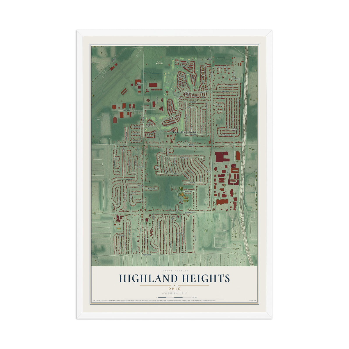 Map of Highland Heights, Ohio, 12 x 18 inch print in a white wood frame