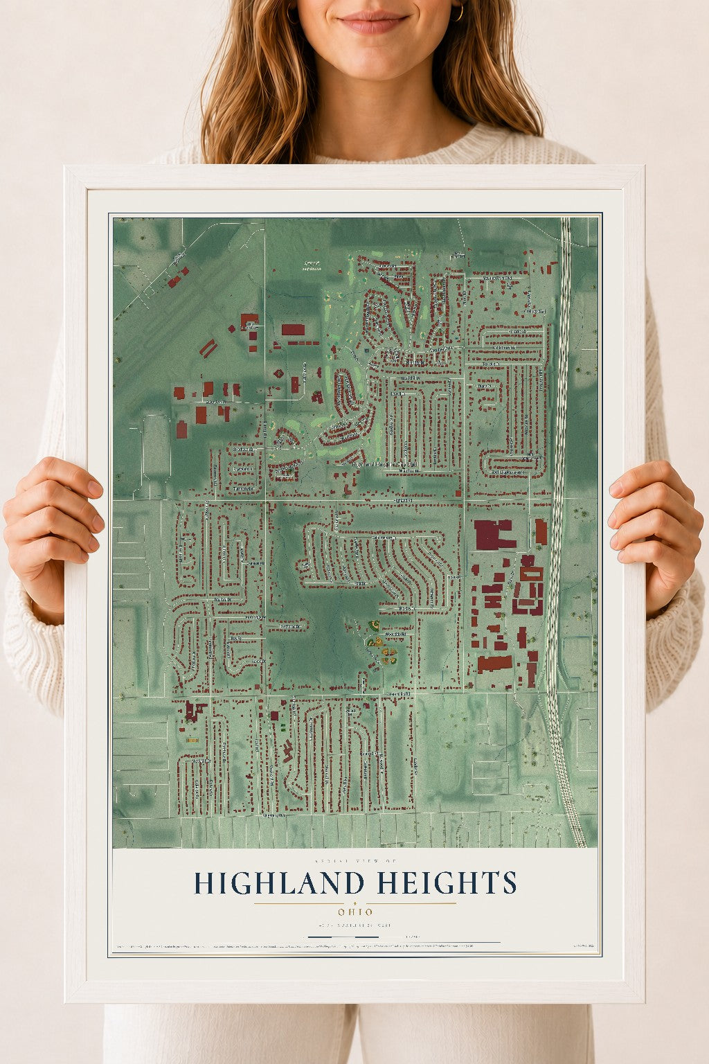 Map of Highland Heights, Ohio, 18 x 24 inch print in a white wood frame