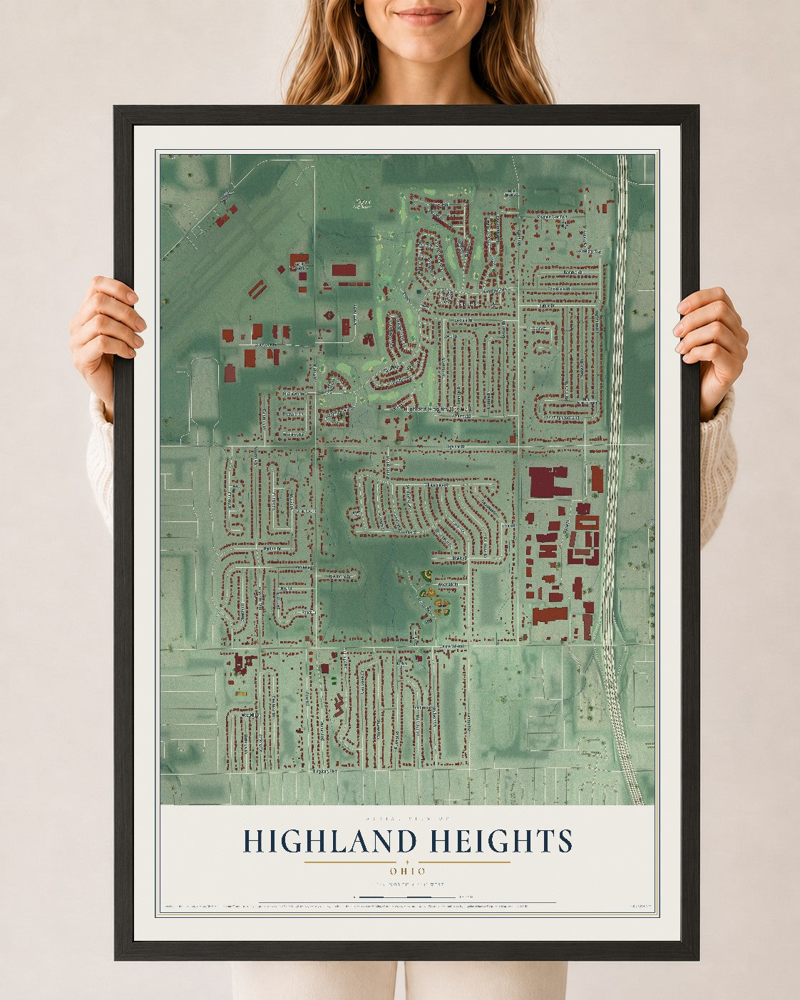 Map of Highland Heights, Ohio, 24 x 36 inch print in a black wood frame