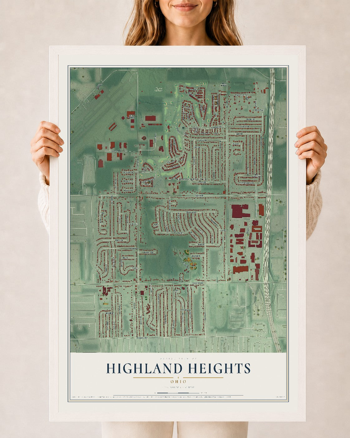 Map of Highland Heights, Ohio, 24 x 36 inch print in a white wood frame