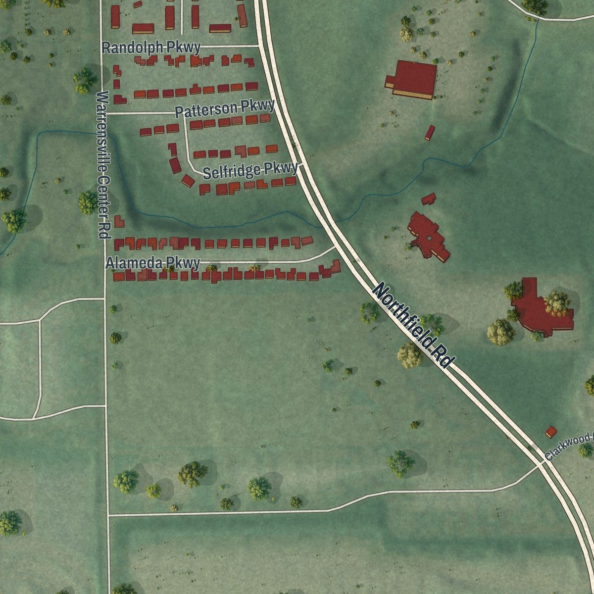 Close-up of the map of Highland Hills, Ohio print showing street and building detail