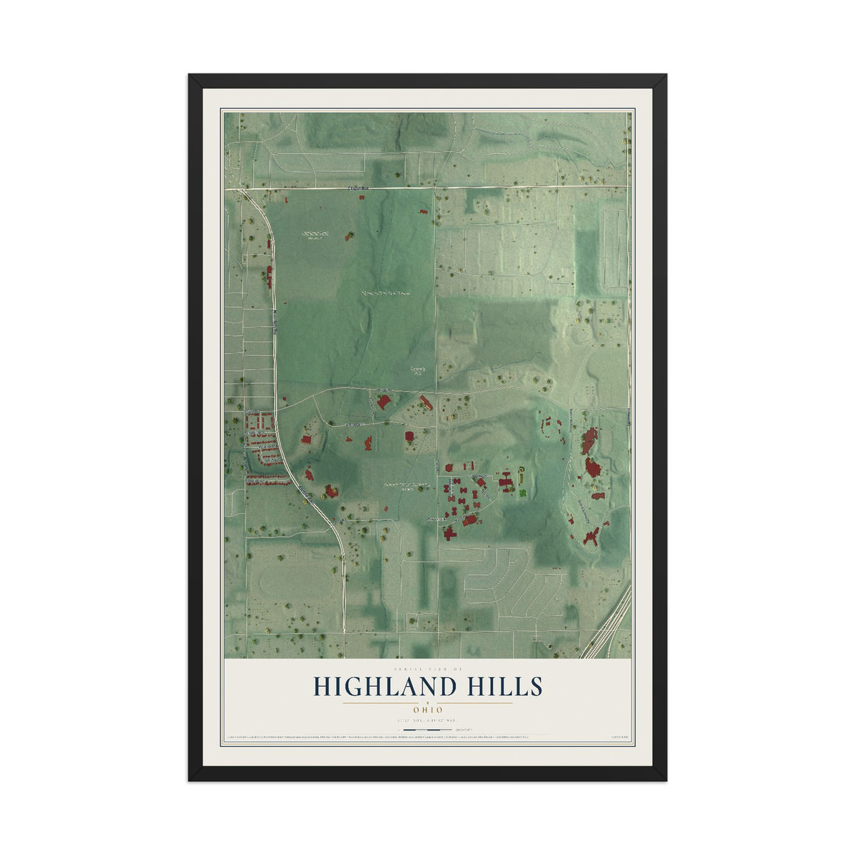 Map of Highland Hills, Ohio, 12 x 18 inch print in a black wood frame