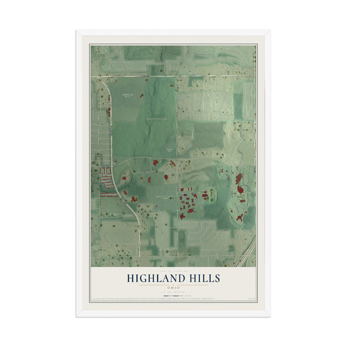Map of Highland Hills, Ohio, 12 x 18 inch print in a white wood frame
