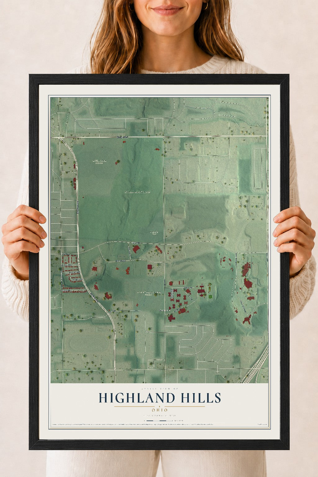 Map of Highland Hills, Ohio, 18 x 24 inch print in a black wood frame