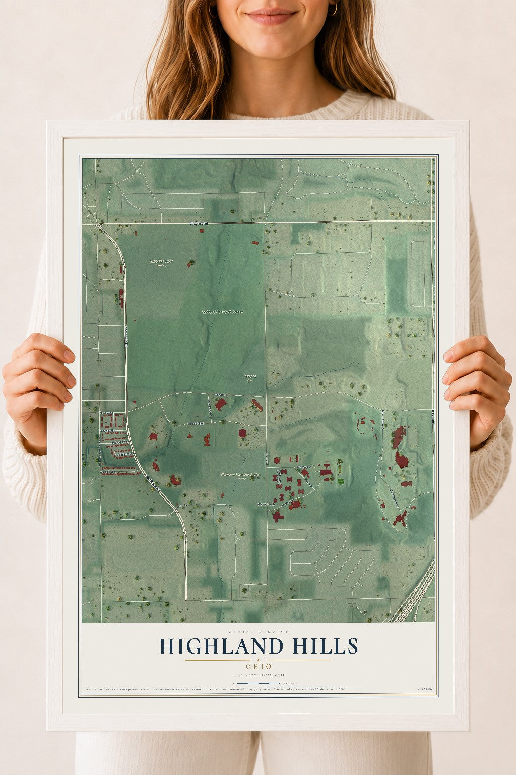 Map of Highland Hills, Ohio, 18 x 24 inch print in a white wood frame