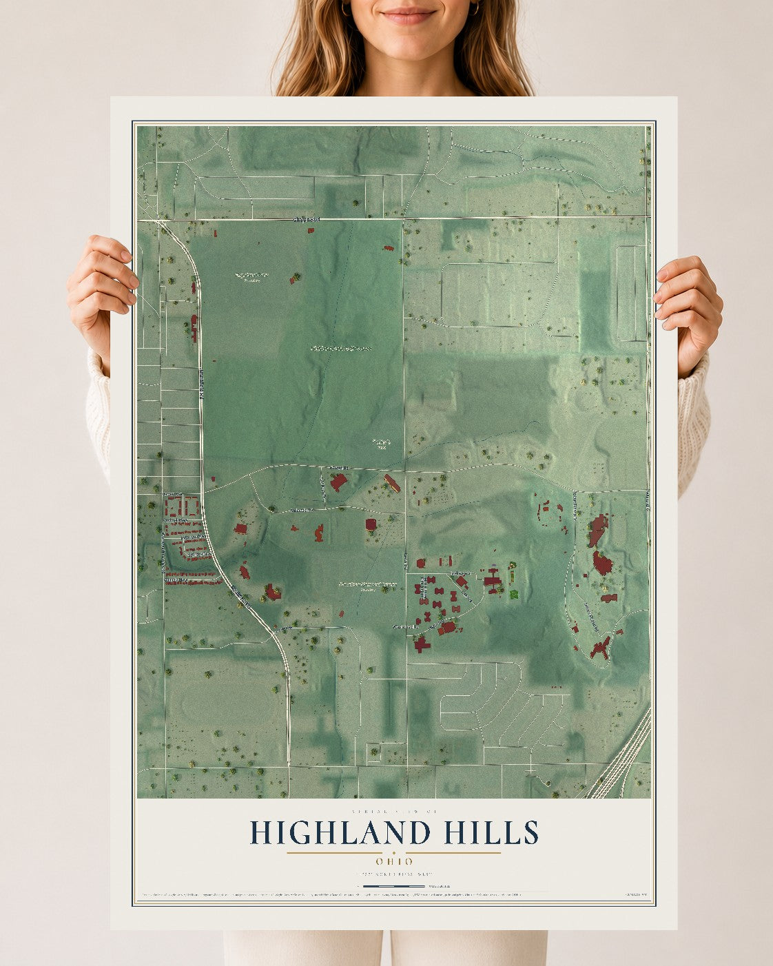 Map of Highland Hills, Ohio, 24 x 36 inch unframed archival matte print