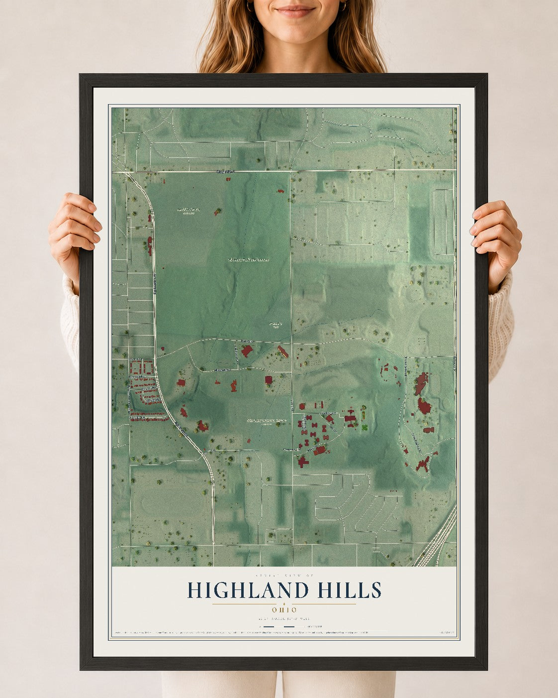 Map of Highland Hills, Ohio, 24 x 36 inch print in a black wood frame