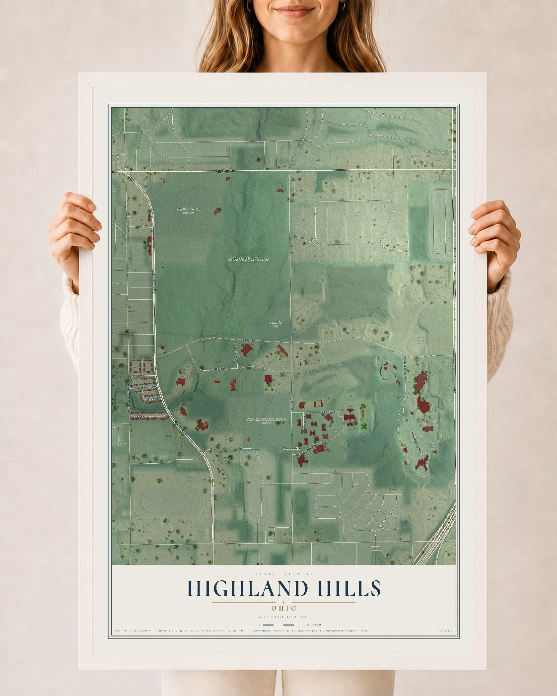 Map of Highland Hills, Ohio, 24 x 36 inch print in a white wood frame