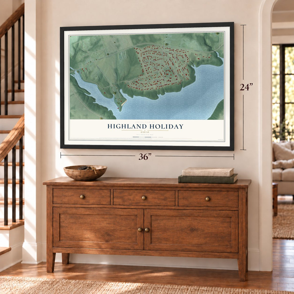 Highland Holiday, Ohio map, 24 x 36 inch print in a black frame above a dresser by a staircase