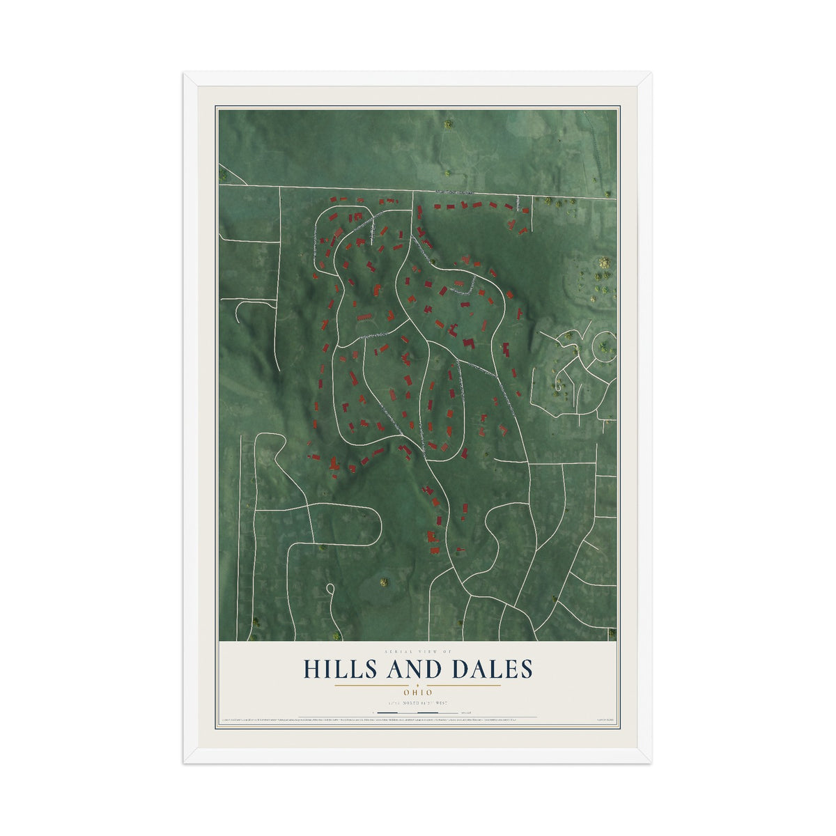 Map of Hills and Dales, Ohio, 12 x 18 inch print in a white wood frame
